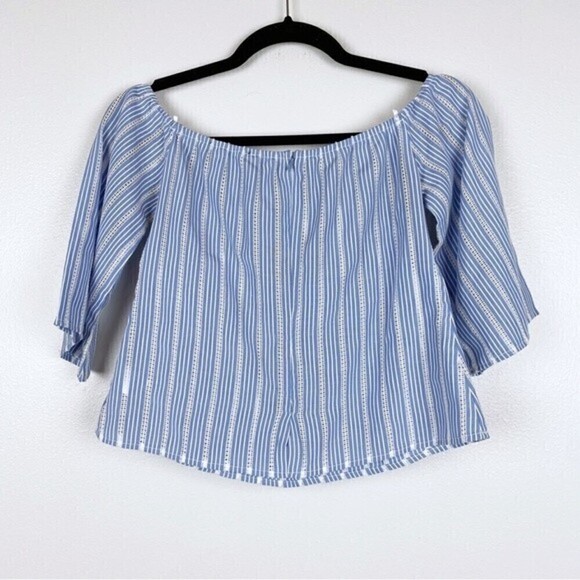 Lulu's Beyond Belief Blue Striped Knot Front Off-The-Shoulder Top Size S - Picture 5 of 10
